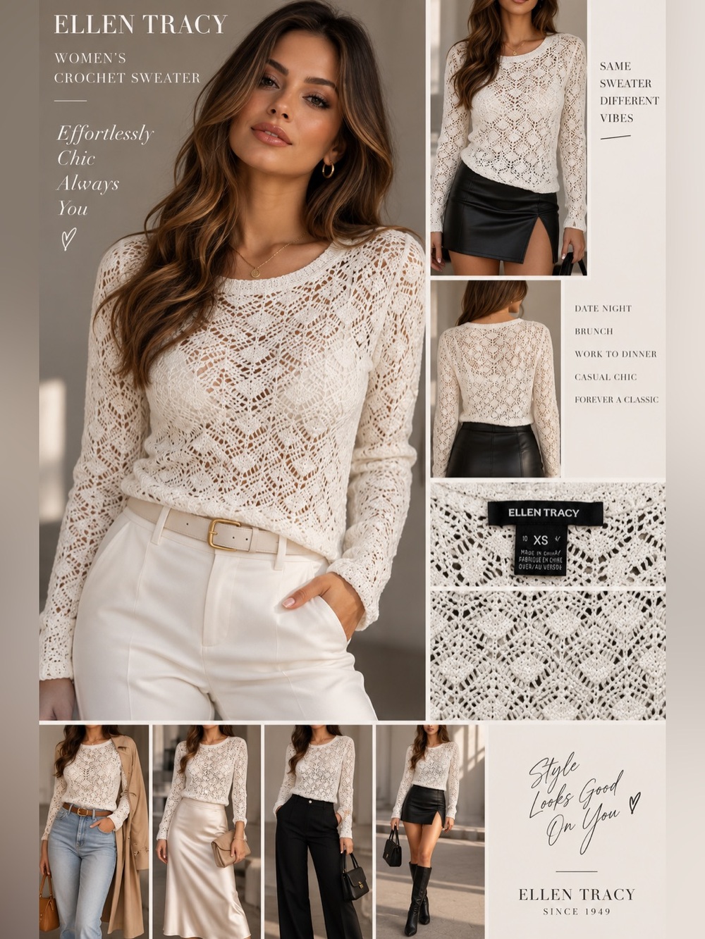 Ellen Tracy Women's Crochet Sweater Top in Cream Sz XS